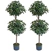 TWO Pre-potted 4' Citrus Leaf Double Ball Artificial Topiary Two Tone Green