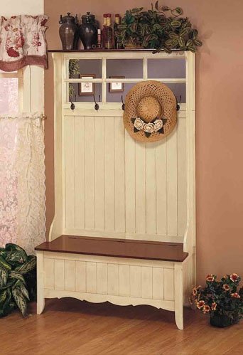 Entryway Hall Tree Coat Hanger with Storage Bench in Weathered Linen Finish