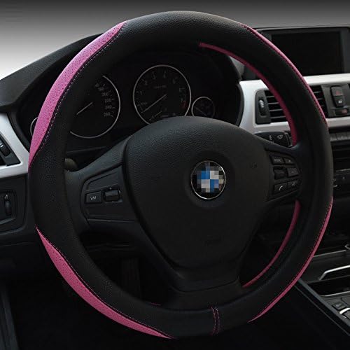 JoJoauto Cool Microfiber Leather Auto Car Steering Wheel Cover Universal 15 inch (Black+Pink)