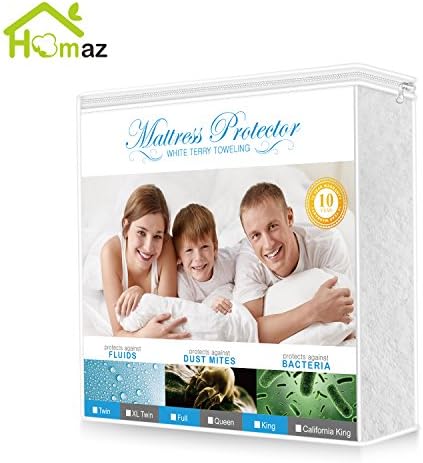 Homaz Best Mattress Protector Queen Size Mattress Encasement Hypoallergenic 100% Waterproof Mattress Pad Protector Cotton Terry Surface with Vinyl Free Mattress Cover, Great for Sleep (White)