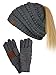 C.C BeanieTail Messy High Bun Cable Knit Beanie and Anti-Slip Touchscreen Gloves Set, Dark Melange Gray Metallic
