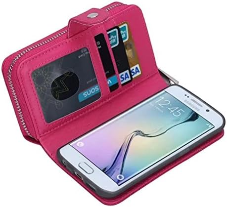 TaoFilm Pro Premium PU Leather Zipper Wallet Bag Case [Detachable Magnetic] [Zipper Wallet + TPU Protection] [Litchi Stripe] [Wrist Strap] For Samsung Galaxy S7 Edge - Rose