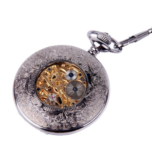 ARMEL Skeleton Pocket Watch Chain Mechanical Hand Wind Half Hunter Antique Look Value Quality PW001