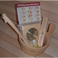 SAUNA SET 7tlg K�bel, ca. 4 Liter K�bel Kunstoffeinsatz, Kelle, Sanduhr, Thermometer mit Hygrometer , Aufguss 100ml. , Baderegeltafel