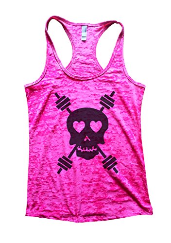 Funny Threadz Skull and Cross Weight Bars Kettle Bells Burnout Tank Top Womens Workout Gym (Large, Shocking Pink)