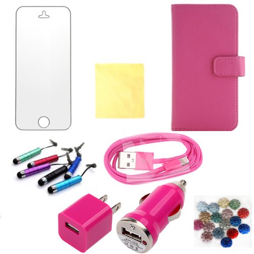 Pink for iphone 5 cases Wallet leather cover Protector Skin flip Iphone5 Case With Credit Card Slots & Holder +car charger+AC wall charger adaptor+usb data cable+screen protector+cleaning cloth+button sticker+touch screen Pen 8in1 (TRAIT)