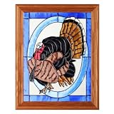 Medium Oak Framed Art Glass Thanksgiving Tom Turkey Window Hanging Suncatcher 16 x 13