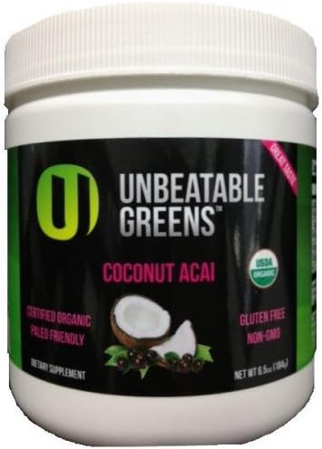 Paleo UNBEATABLE GREENS SuperFood USDA Organic Gluten-Free COCONUT ACAI 28 Servings Jar