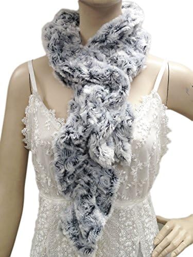 Warm Women's Faux Rex Rabbit Chinchilla Fur Soft Knit Luxurious Scarf (White/Black Swirl)