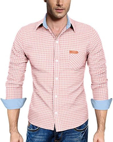 HEMOON Mens Checker Shirts Plaid Long Sleeve Trim Fit Pink Large