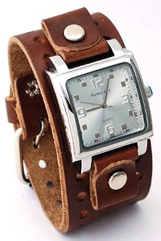 Nemesis #BB516S Men's Brown Wide Leather Cuff Band Analog Silver Dial Watch