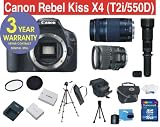 Canon EOS Rebel Kiss X4 (T2i/550D) EF-S 18 MP Digital Camera with Canon EF 28-135mm f/3.5-5.6 IS Standard Zoom Lens + Canon 75-300mm Zoom Lens + High Capacity Li-Ion Battery + Celltime 650-1300mm Telephoto Zoom Lens with 2x Converter (=1300-2600mm) + 16 GB Memory Card + 50 Titanium Anodized Tripod + 6 Piece Accessory Kit + Deluxe Padded Camera Bag + Multi-Coated Glass UV Filter + Multi-Coated Glass Polarizer Filter + 3 Year CELLTIME Extended Warranty (Japan Made)