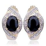 18k Yellow Gold Plated Sterling Silver Genuine Black Sapphire and Diamond Accent Hoop Earrings