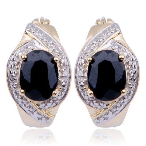18k Yellow Gold Plated Sterling Silver Genuine Black Sapphire and Diamond Accent Hoop Earrings