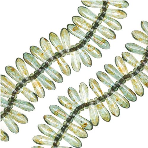 Czech Pressed Glass 3 x 10mm Dagger Beads - Trans. Green Luster (50)