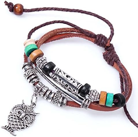 Lovely Owl with Wooden Beads Fashionable Leather Bracelet Adjustable Cuff Charm Bangle