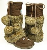 Furry MukLuk Brown Mocassin Boots Pom-Poms Vegan Friendly