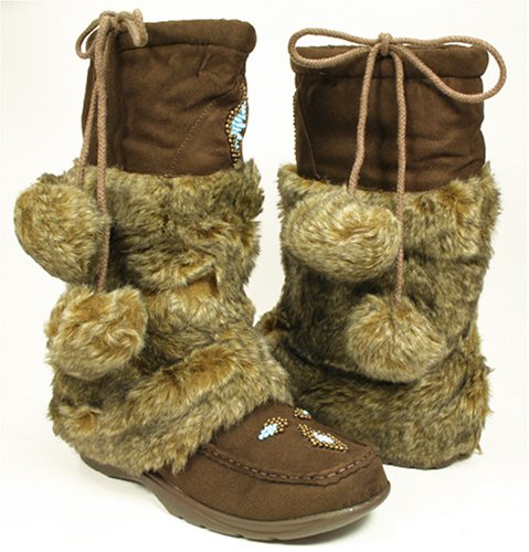 Furry MukLuk Brown Mocassin Boots Pom-Poms Vegan Friendly