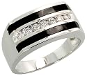 14k White Gold Striped Rectangular Men's Diamond Ring, w/ Black Onyx Stone & 0.38 Carat Brilliant Cut Diamonds, 7/16" (10mm) wide