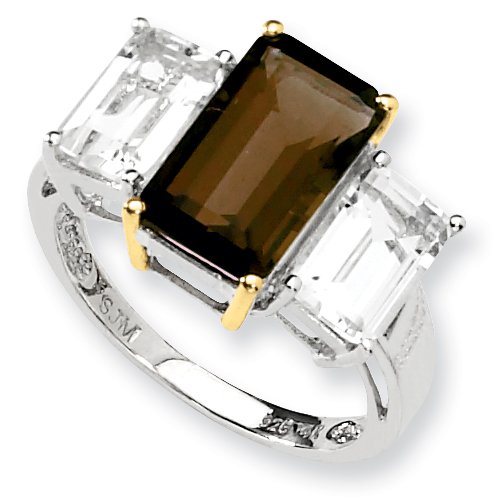 Sterling Silver  &  14k Smokey Quartz And White Topaz Ring, Size 7