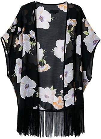 Babyhclub Women's Black Short Sleeve Floral Tassel Loose Kimono