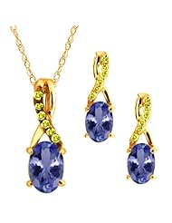 1.46 Ct Oval Blue Tanzanite Gemstone 14k Yellow Gold Pendant Earrings Set