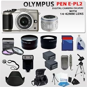 Olympus PEN E-pl2 Digital Camera (Silver) W/14-42mm Lens (Silver) + 8gb Sdhc Memory , 2x Extra Replacement Batteries, 3 Extra Lens, Deluxe Soft Carrying Case, Aluminum Tripod & Much More