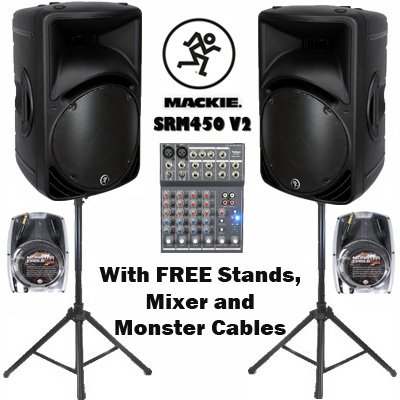 One Pair Mackie SRM450 V2 Active DJ Powered Speakers with FREE Mixer Stands and Cables SRM450V2SET3
