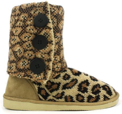 Leopard Fold-Over Crochet Slouchy Knit Sweater Button Flat Boot
