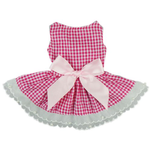 Fitwarm Casual Pink Plaid Ribbon Pet Clothes Dog Dress Lace Shirts Apparel, X-small
