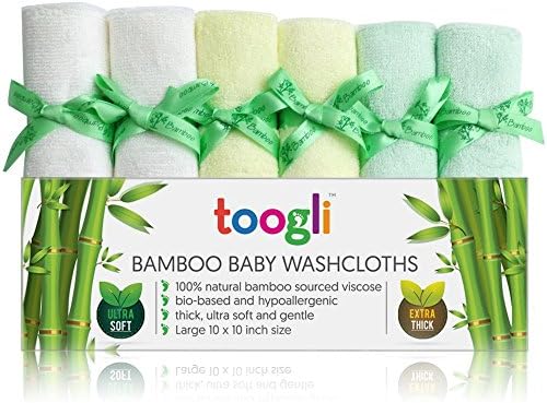 Ultra Soft Bamboo Baby Washcloths by Toogli (6 Pack)|Thick 32 Gram Weight - Large 10 x 10 Inch Reusable Wipes