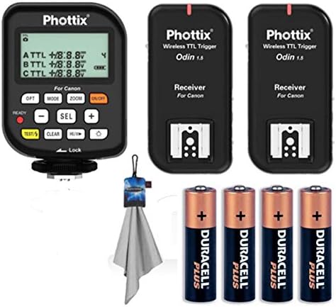 Phottix Odin Wireless TTL Trigger Set with Two Receivers for Canon E-TTL/E-TTL II Flash System, 2.4GHz Frequency, 1/8000 sec Sync Speed + General Brand AA 4 Pack Batteries + Spudz Microfiber Cleaning Cloth with Pouch Blue Lightning