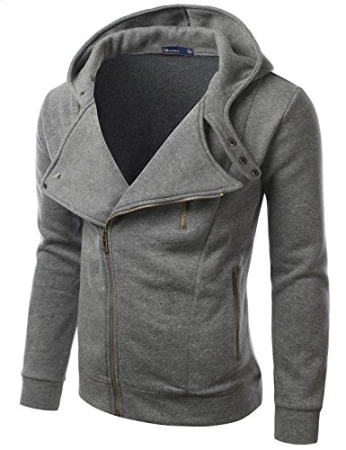 Doublju Mens Rider Hood Asymmetry Zip Up