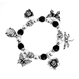 Nature Themed Charm Bracelet Antique Silver Metal with Black and Silver Beads, Butterfly, Flower, Dragonfly, Ladybug Charms