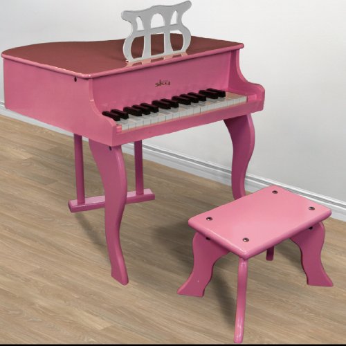 Pink Childs Wood Toy Grand Piano with Bench Kids Piano 30 Key