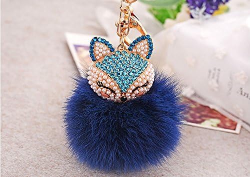 RLM Collection - Fox Fur Luxury Keychain Hand Made Decorated With Shiny Crystals And Pearls