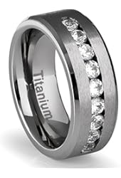 8MM Men's Titanium Ring Wedding Band with Flat Brushed Top and Channel Set CZ