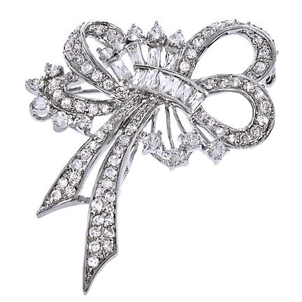 C.Z. Diamond Silver Forget Me Not Ribbon Bow Pin Brooch