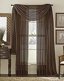 3 Piece Coffee Brown Sheer Voile Curtain Panel Set: 2 Coffee Panels and 1 Scarf