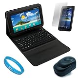Protective Book Style Leather Case Cover with Horizontal Built in Stand and Built-in Bluetooth QWERTY Typing Keyboard for Samsung Galaxy Tab P1000 Tablet Compatible with (AT&T and T-Mobile Samsung Galaxy Tab) + Anti-Glare Clear Screen Protector for Samsung Galaxy Tab P1000 + Black USB Travel Wall Charger with LED Power Indicator and Overcharge Protection + Micro USB Data Cable Cord + SumacLife TM Wisdom Courage Wristband