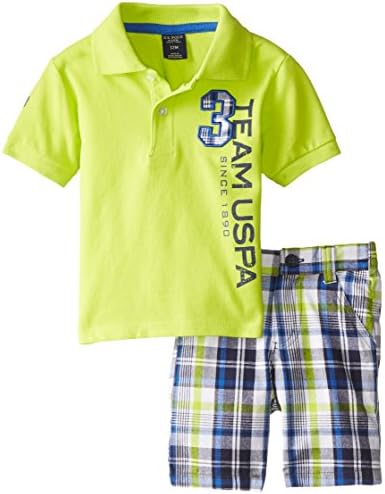U.S. Polo Assn. Baby Boys' Team Polo and Plaid Short Set, Lime Lorry, 24 Months