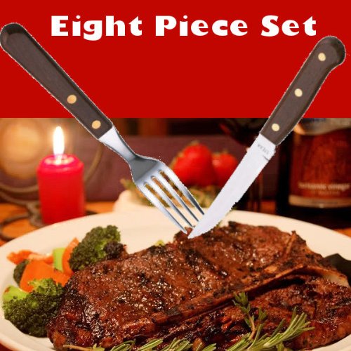 Restaurant Quality 8 Piece Steak Knife and Fork Set with Dark Pear Wood Handles and Stainless Steel Blades & FREE UK Delivery