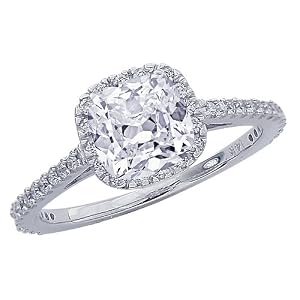 1.11 Carat Cushion Cut / Shape 14K White Gold Gorgeous Classic Cushion Halo Style Diamond Engagement Ring ( D-E Color , SI1 Clarity )