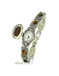 EXCLUSIVE Ladies Vintage Style Marcasite Analog Watch with Brown Gemstone