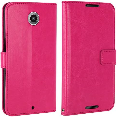 LK Nexus 6 Case - Wallet PU Leather Case Flip Cover Built-in Card Slots & Stand for Google Nexus 6 + Free Stylus Pen (Leather Case Hot Pink)