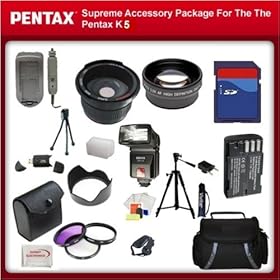 Supreme Accessory Package For Pentax K-5 K5 Digital Camera, includes: 16GB SD card, SD Card Reader, Lithium-Ion Battery & Charger, Lens Hood, 0.5x Wide Angle Lens , 2X Telephoto Lens, 57 Inch tripod, Swivel TTL Flash, Flash Diffuser and More...THIS LENS WILL ATTACH TO ANY OF THE FOLLOWING PENTAX LEN