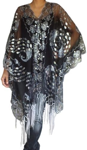 Sequin Embroidery Scarf, Caftan Tops Tunic Poncho Casual, Evening Shawl -White