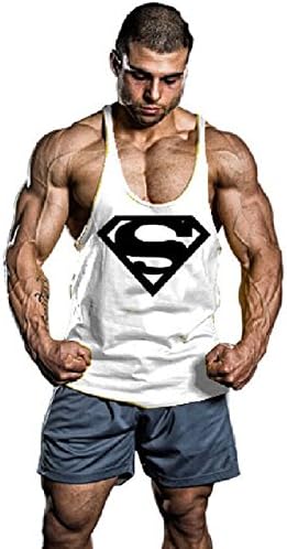 Men's BodyBuilding Superman S Logo Tank Top Stringer Gym Shirt (Small, White)