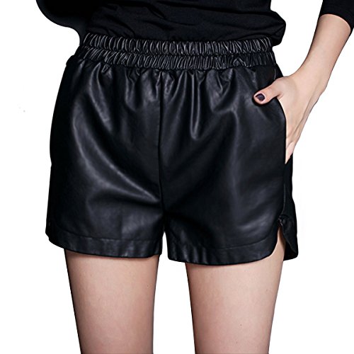 YMING Women's PU Faux Leather Elastic Waist Loose Shorts Or Skirt