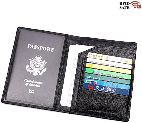 RFID Blocking Super Slim Travel Passport Holder Wallet Genuine Leather (Black)